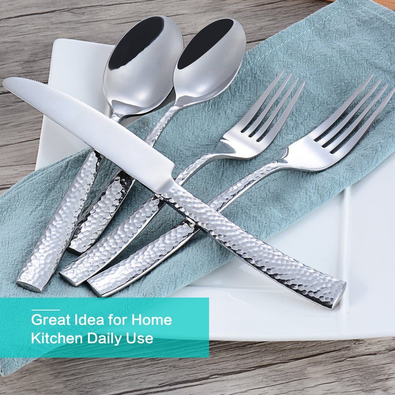 Flatasy Flatware Silverware Set Hammered Mirror Polished Stainless Steel 20 Piece Set for Home Kitchen Restaurant Hotel Housewarming Wedding Gift Service for 4 - Image 3